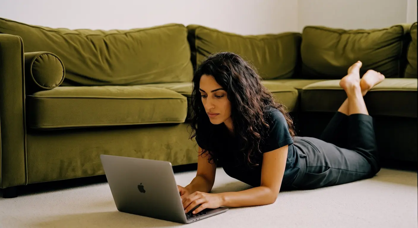 A woman lying on the floor beside a green velvet couch, typing on a laptop