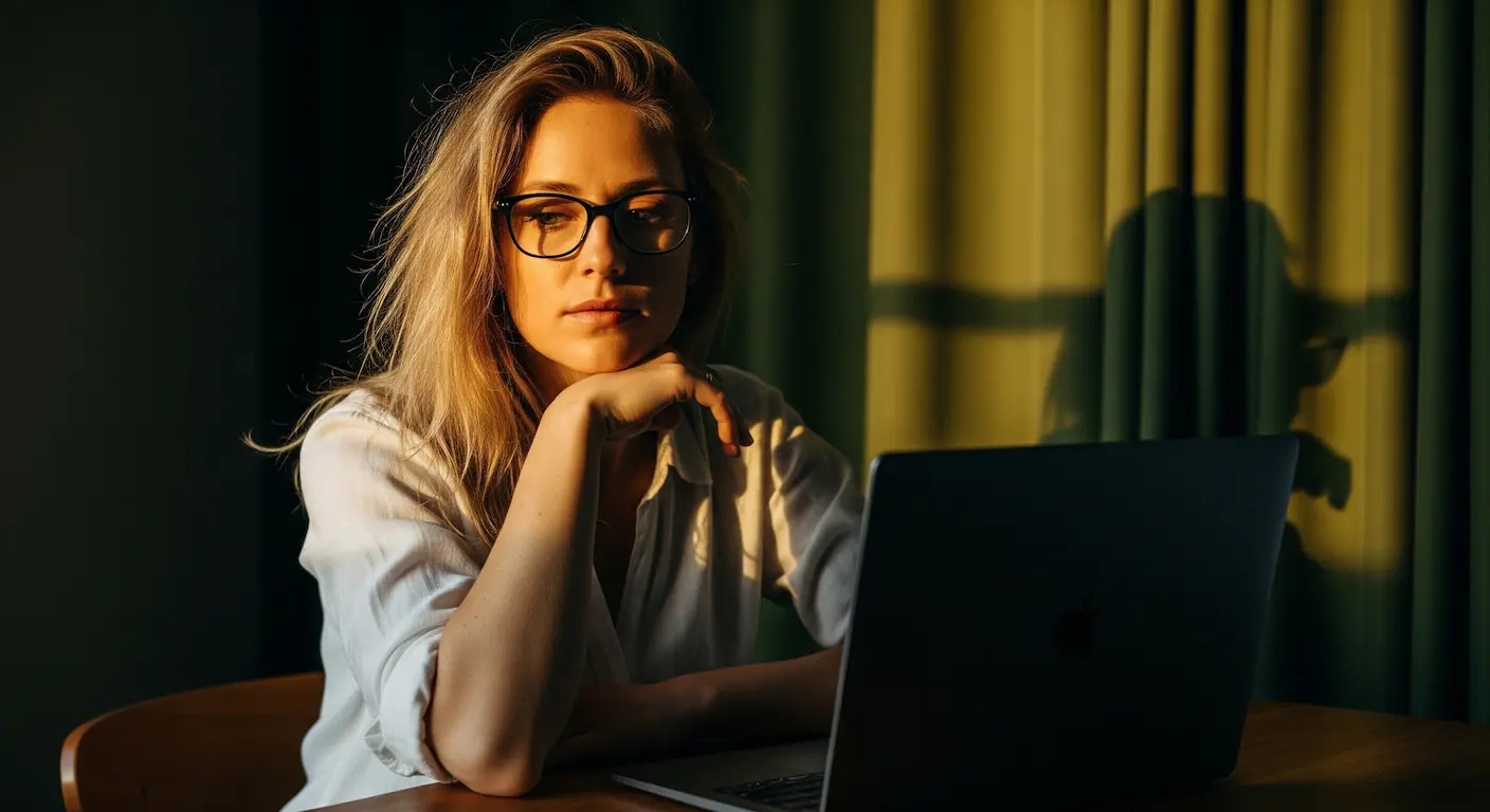 A woman in glasses thinking quietly at a laptop, lit by warm evening light