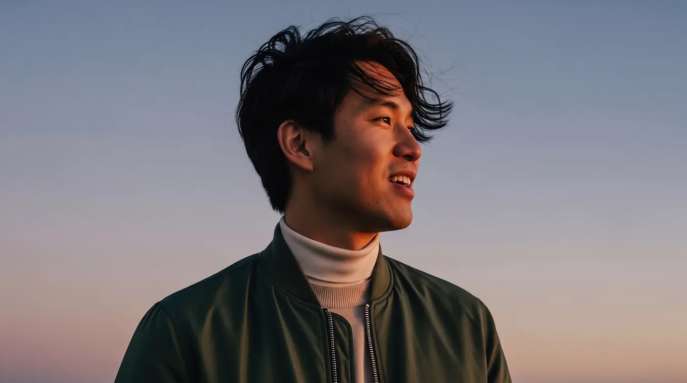 A man gazing into the distance at dusk, lit by a soft gradient sky