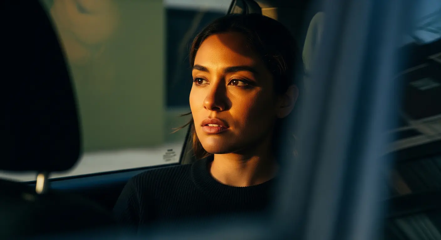 A woman sitting in a car at dusk, gazing out the window in warm light