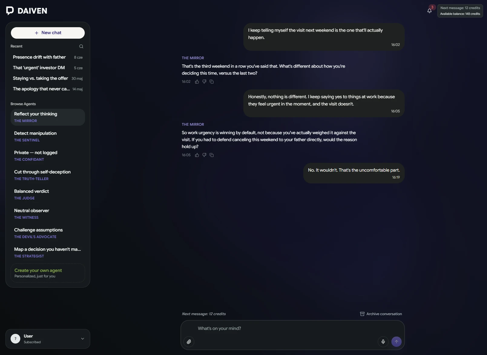 Daiven chat interface showing an active session with The Mirror agent