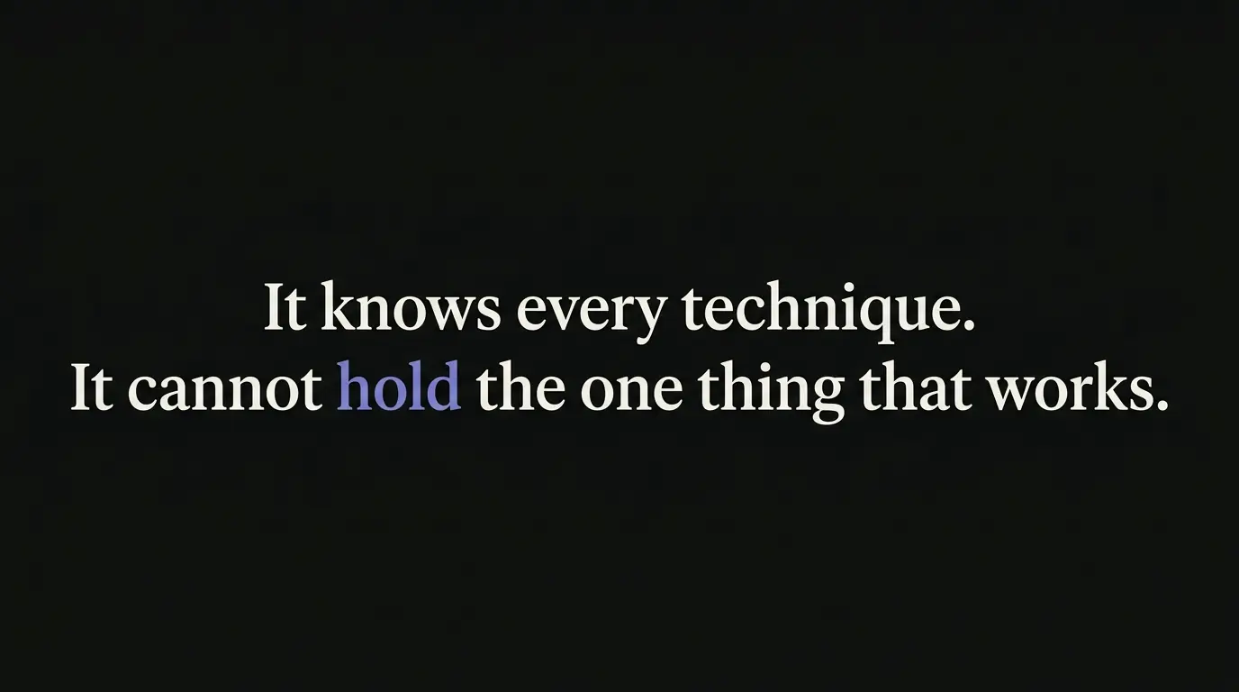 Text on a black field reading "AI therapist knows every technique. It cannot hold the one thing that works," with the word "hold" set in indigo.