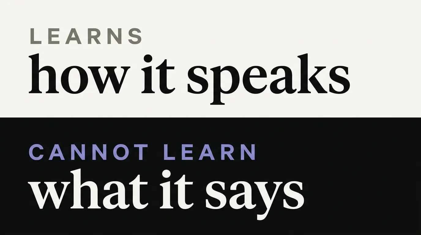 Two stacked bands. The upper reads "learns how it speaks." The lower reads "cannot learn what it says."