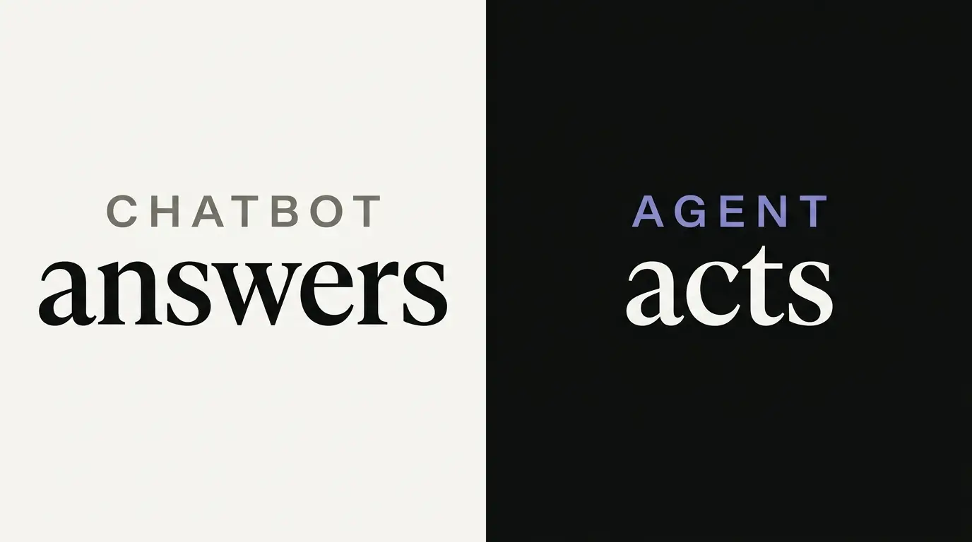 Two panels side by side. The left, on off-white, reads "chatbot answers." The right, on black, reads "agent acts."